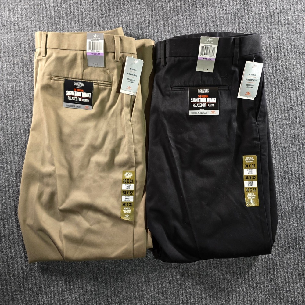 Dockers Men 38x32 Signature Khaki Relaxed Fit Pleated Pants Lot of 2 Tan Black